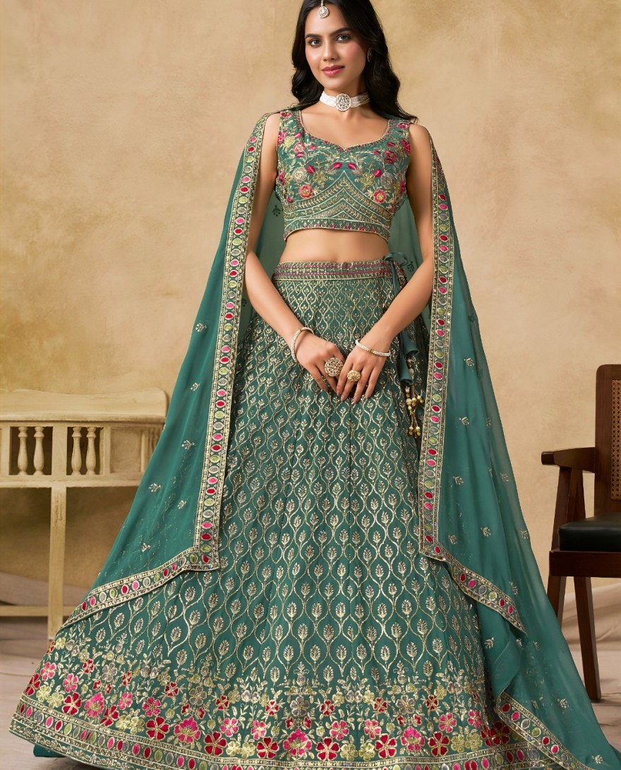 BLUE - Georgette Lehenga Choli In Sea Green