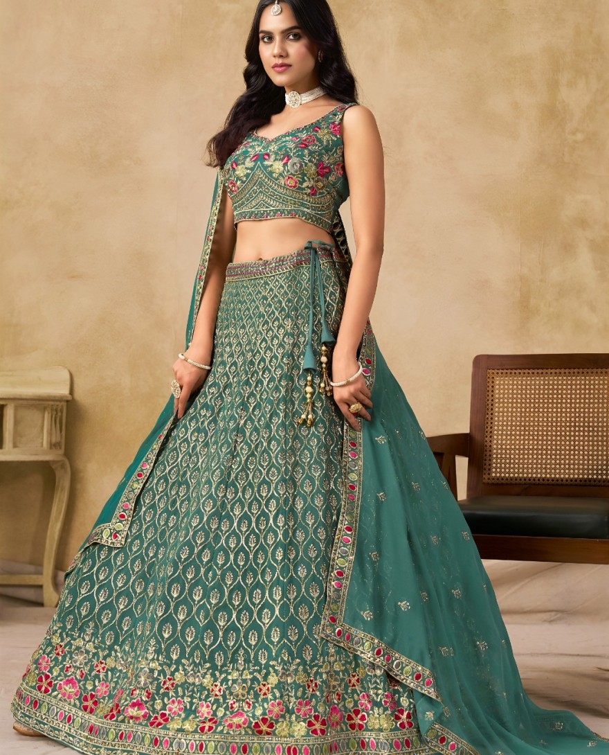 BLUE - Georgette Lehenga Choli In Sea Green