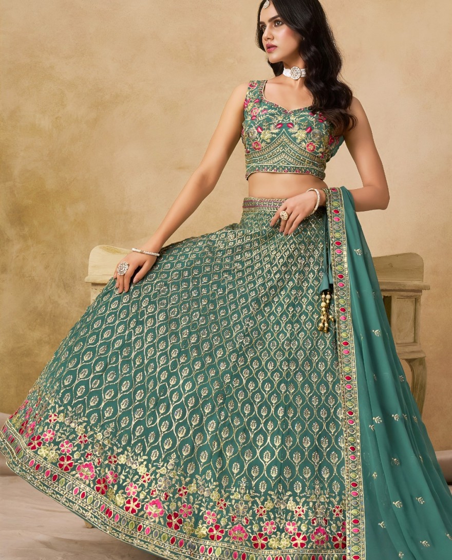 BLUE - Georgette Lehenga Choli In Sea Green