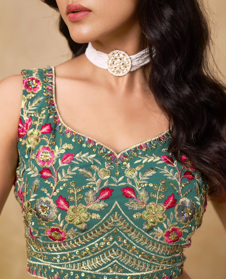 BLUE - Georgette Lehenga Choli In Sea Green