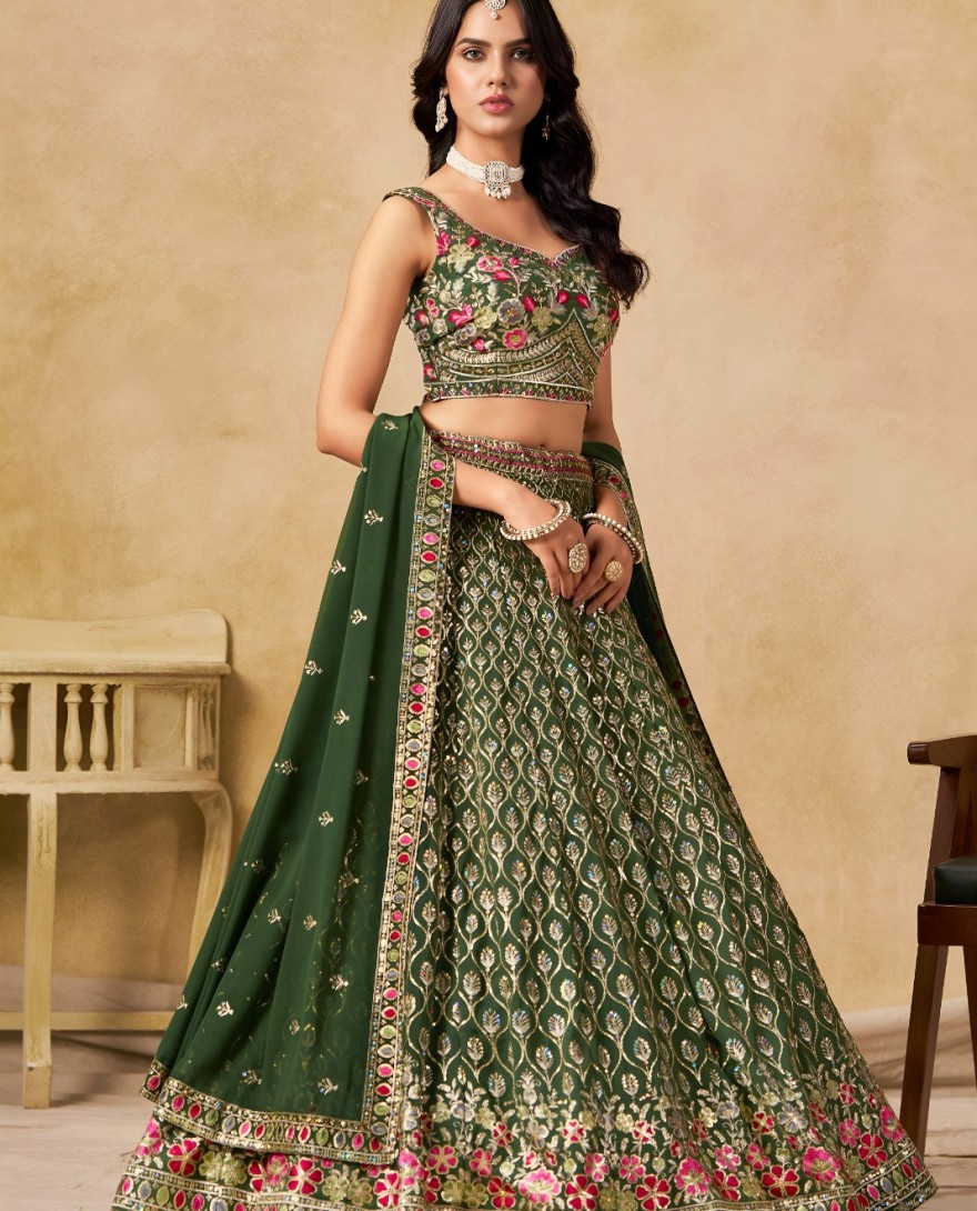 GREEN - Green Georgette Embroidered, Sequins and Thread Work Lehenga Choli for Women