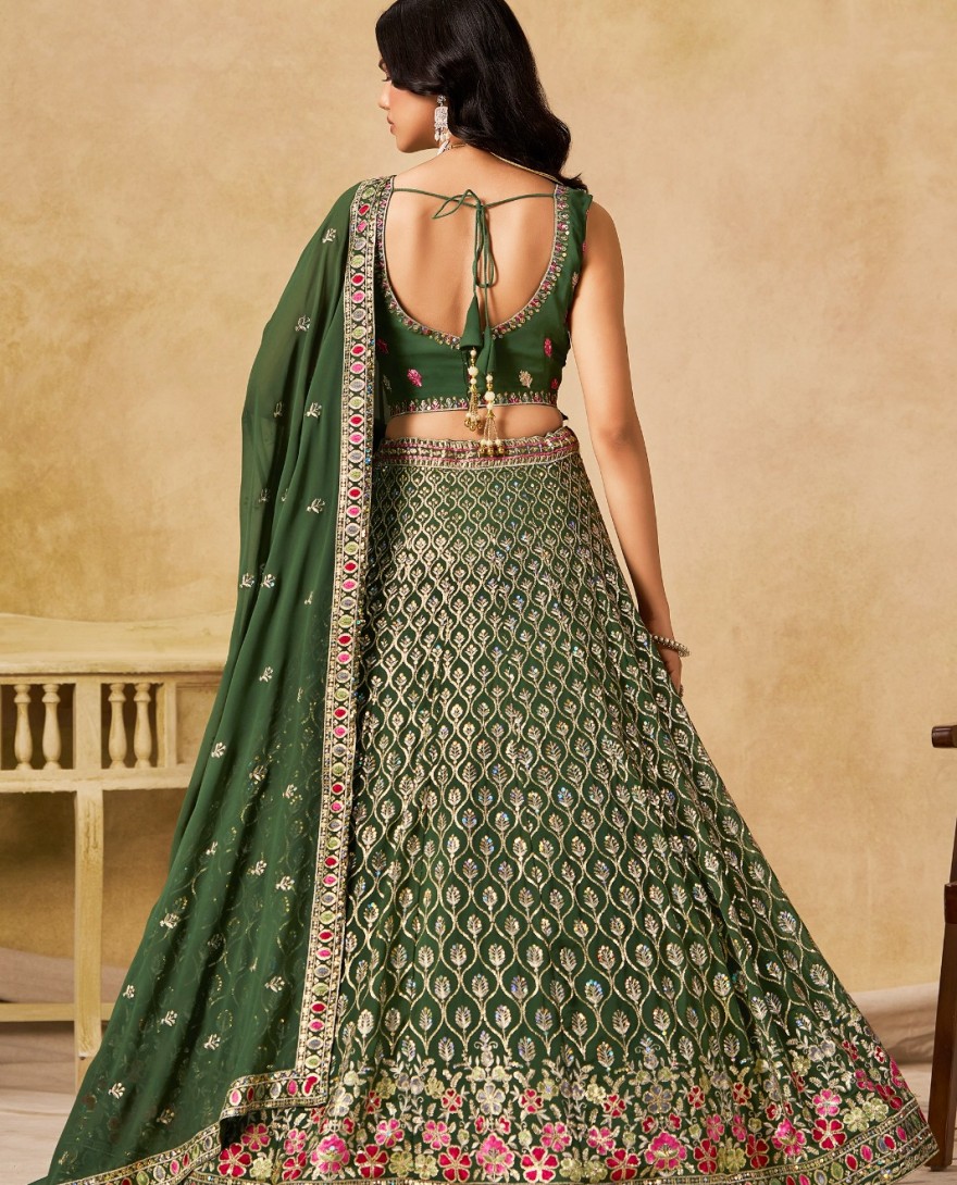 GREEN - Green Georgette Embroidered, Sequins and Thread Work Lehenga Choli for Women
