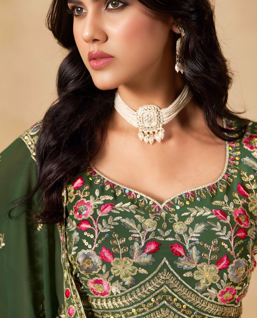 GREEN - Green Georgette Embroidered, Sequins and Thread Work Lehenga Choli for Women