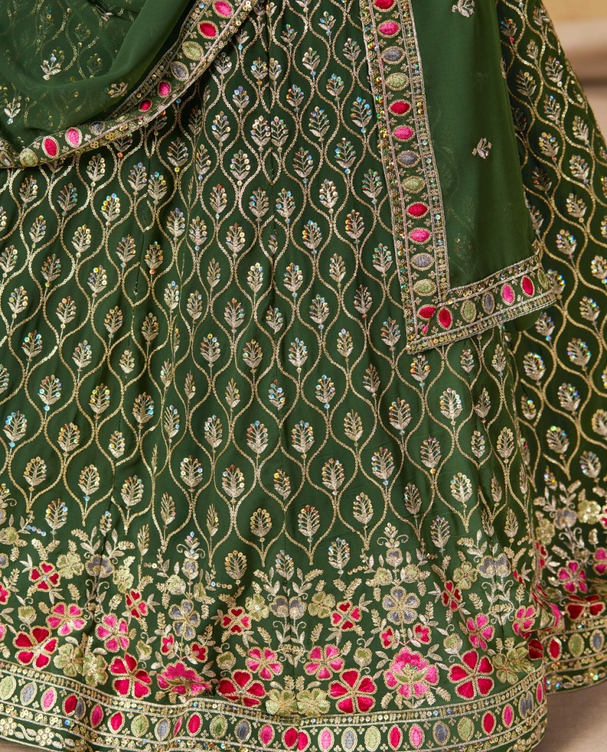 GREEN - Green Georgette Embroidered, Sequins and Thread Work Lehenga Choli for Women