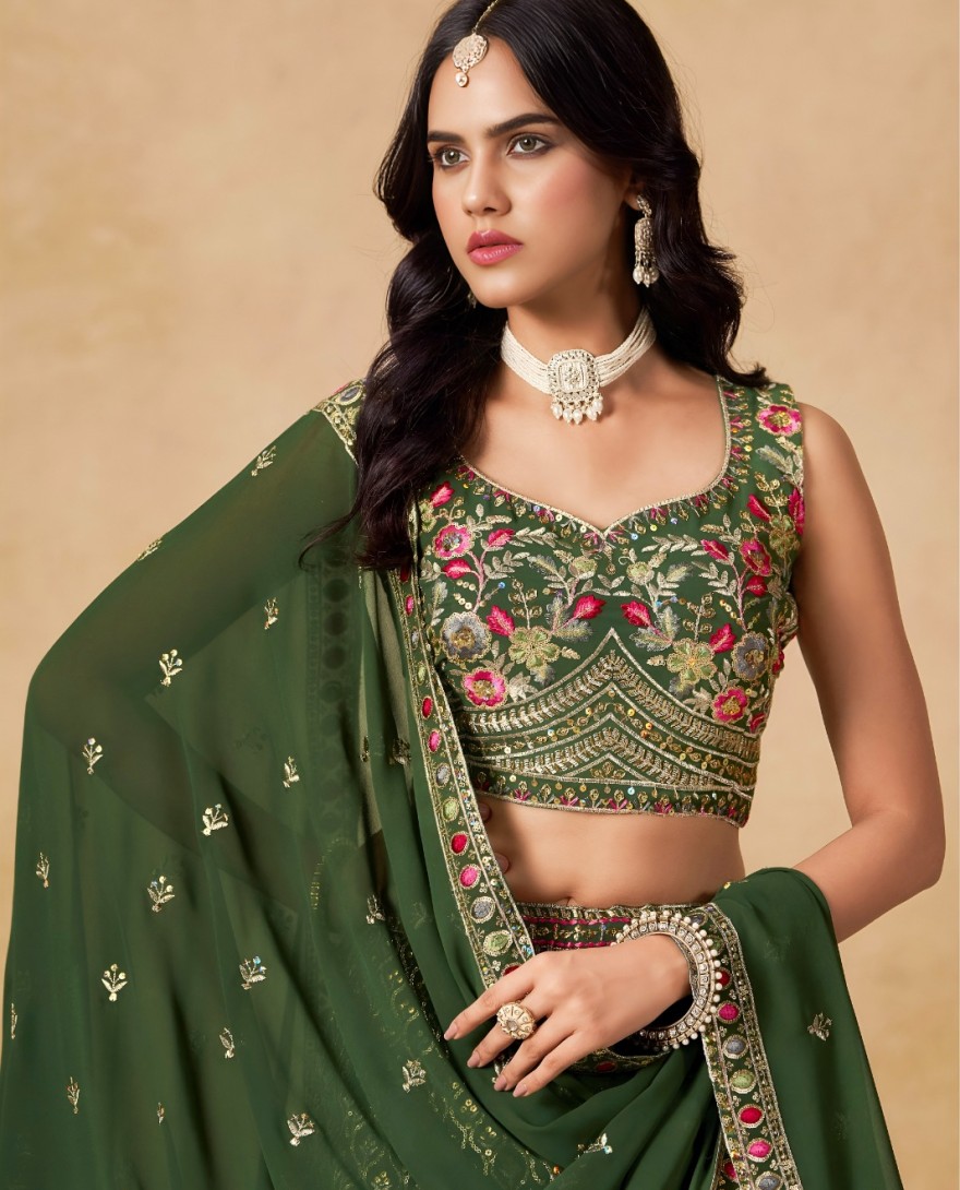GREEN - Green Georgette Embroidered, Sequins and Thread Work Lehenga Choli for Women