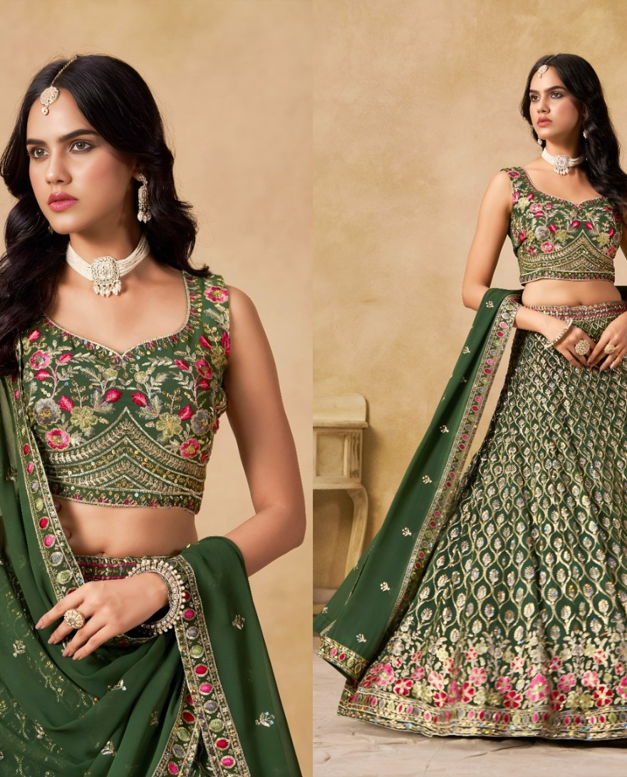 GREEN - Green Georgette Embroidered, Sequins and Thread Work Lehenga Choli for Women