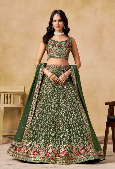 Green Georgette Embroidered, Sequins and Thread Work Lehenga Choli for Women