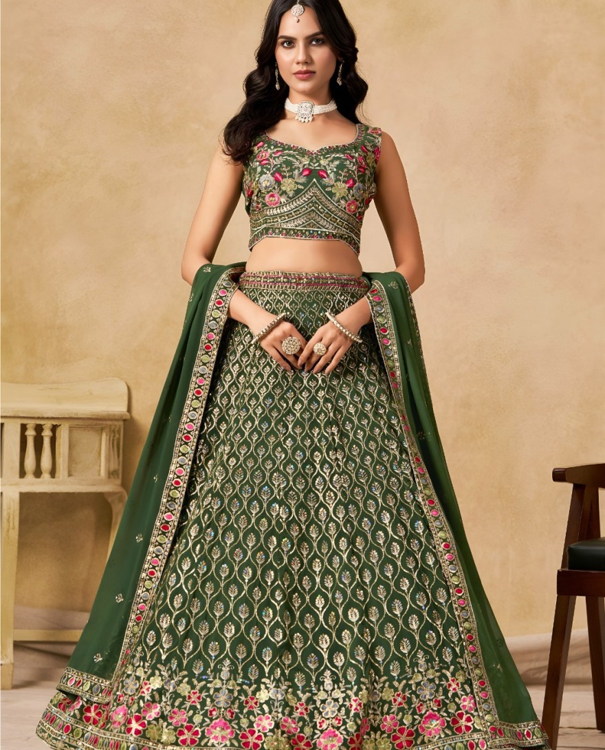 GREEN - Green Georgette Embroidered, Sequins and Thread Work Lehenga Choli for Women