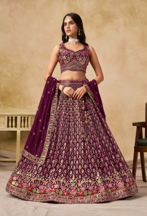 Maroon Georgette Lehenga Choli with Embroidered, Sequins and Thread Work