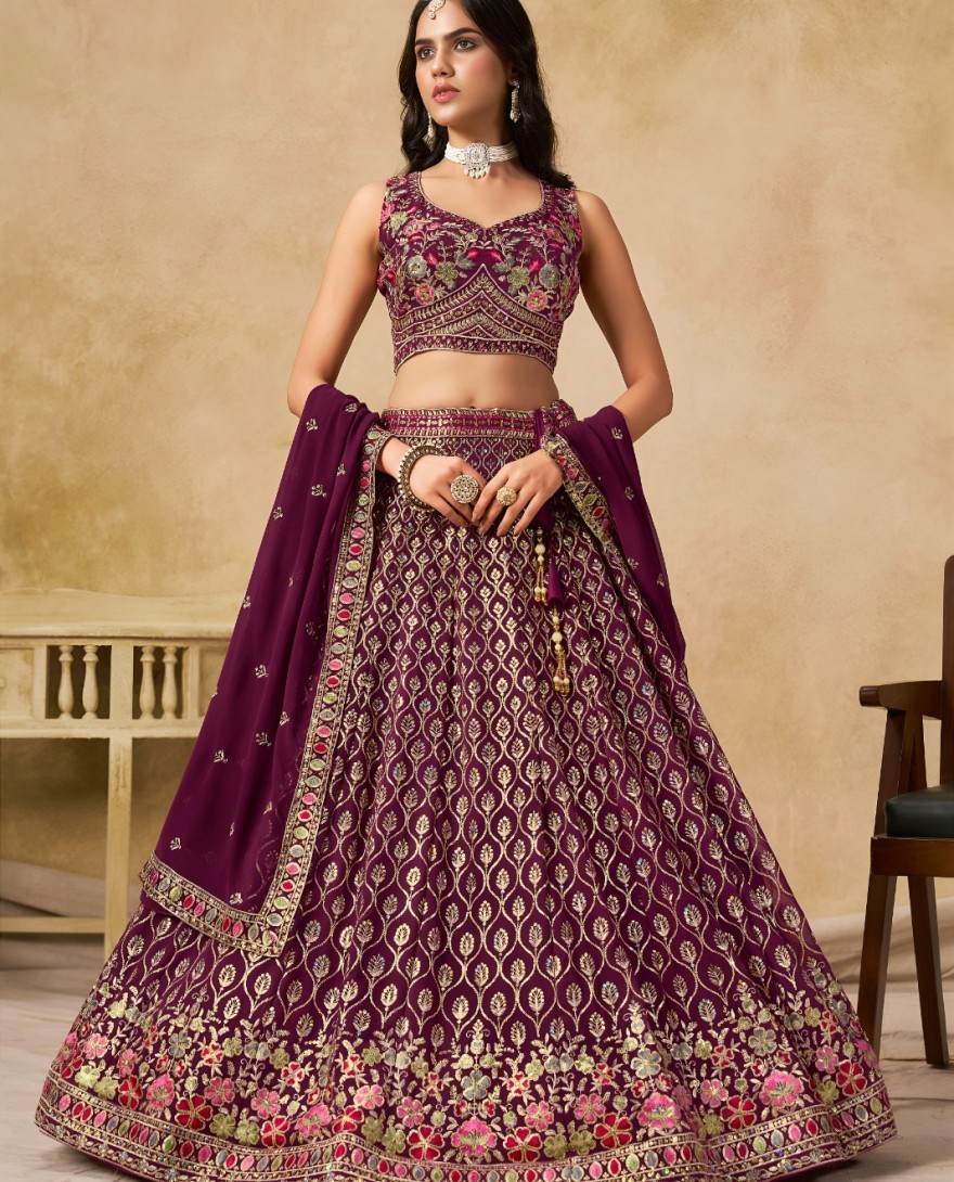 MAROON - Maroon Georgette Lehenga Choli with Embroidered, Sequins and Thread Work
