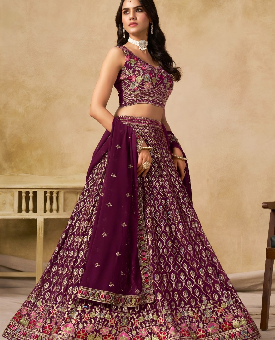 MAROON - Maroon Georgette Lehenga Choli with Embroidered, Sequins and Thread Work