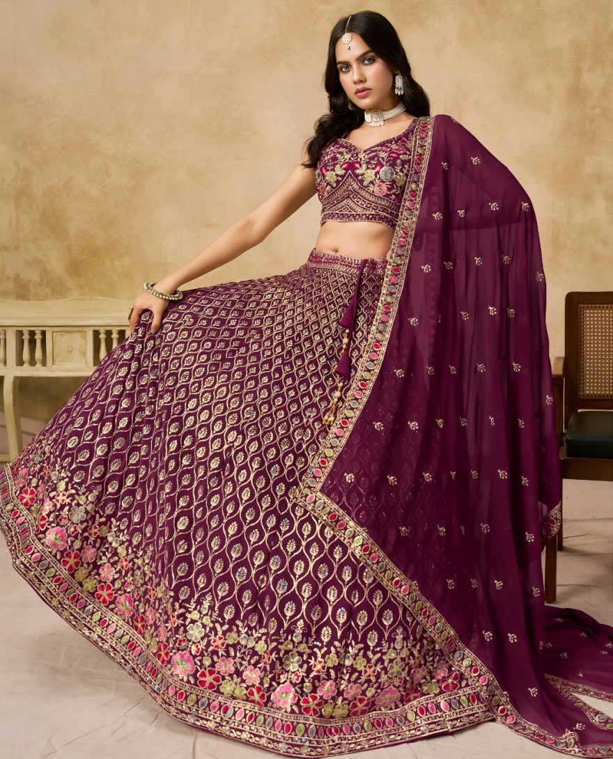 MAROON - Maroon Georgette Lehenga Choli with Embroidered, Sequins and Thread Work