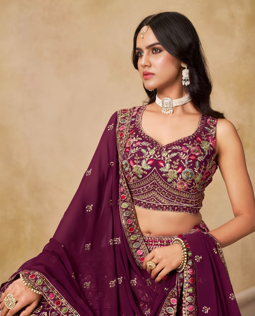 MAROON - Maroon Georgette Lehenga Choli with Embroidered, Sequins and Thread Work