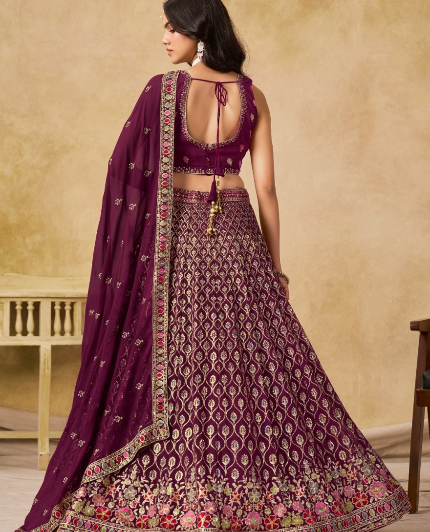 MAROON - Maroon Georgette Lehenga Choli with Embroidered, Sequins and Thread Work