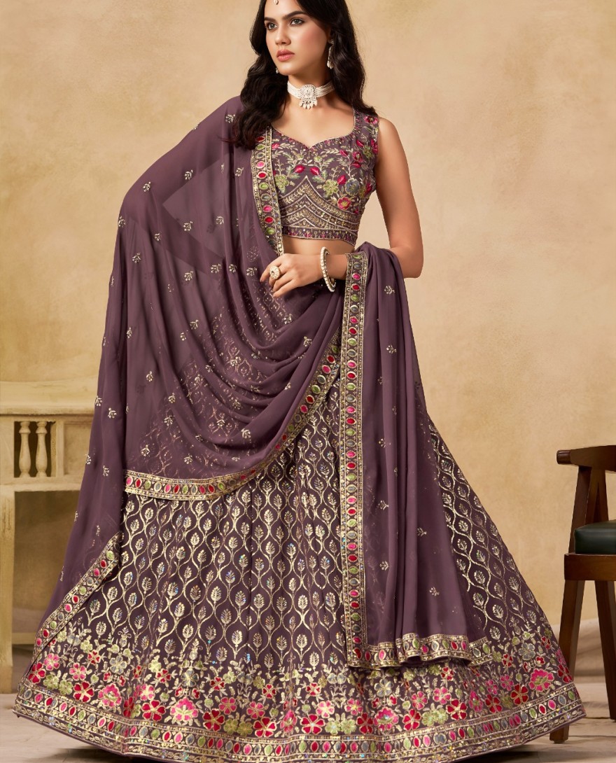 PURPLE - Embroidered, Sequins and Thread Work Georgette Lehenga Choli In Purple for Ceremonial