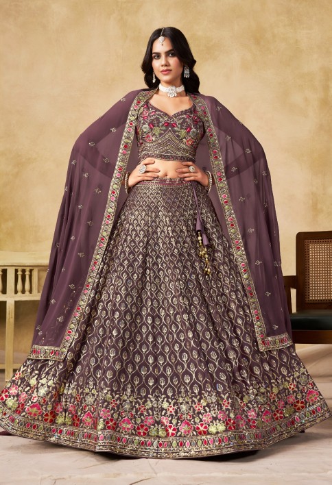 Embroidered, Sequins and Thread Work Georgette Lehenga Choli In Purple for Ceremonial