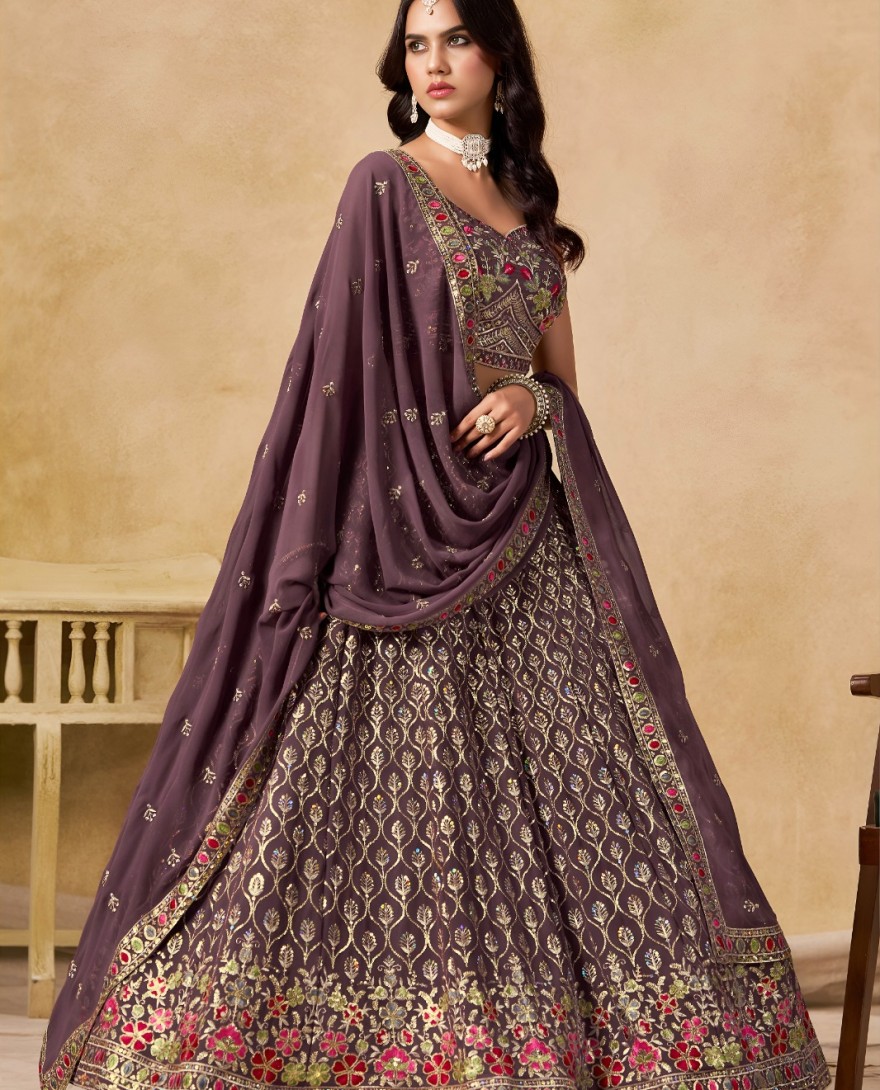 PURPLE - Embroidered, Sequins and Thread Work Georgette Lehenga Choli In Purple for Ceremonial