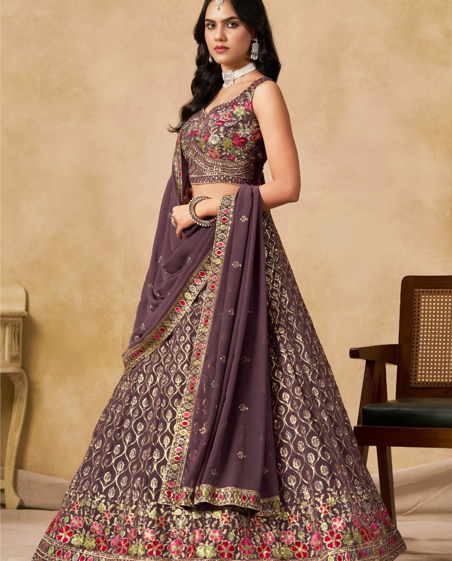 PURPLE - Embroidered, Sequins and Thread Work Georgette Lehenga Choli In Purple for Ceremonial