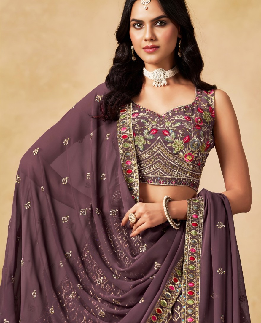 PURPLE - Embroidered, Sequins and Thread Work Georgette Lehenga Choli In Purple for Ceremonial