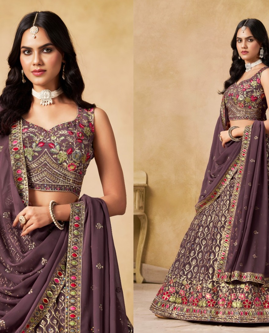 PURPLE - Embroidered, Sequins and Thread Work Georgette Lehenga Choli In Purple for Ceremonial