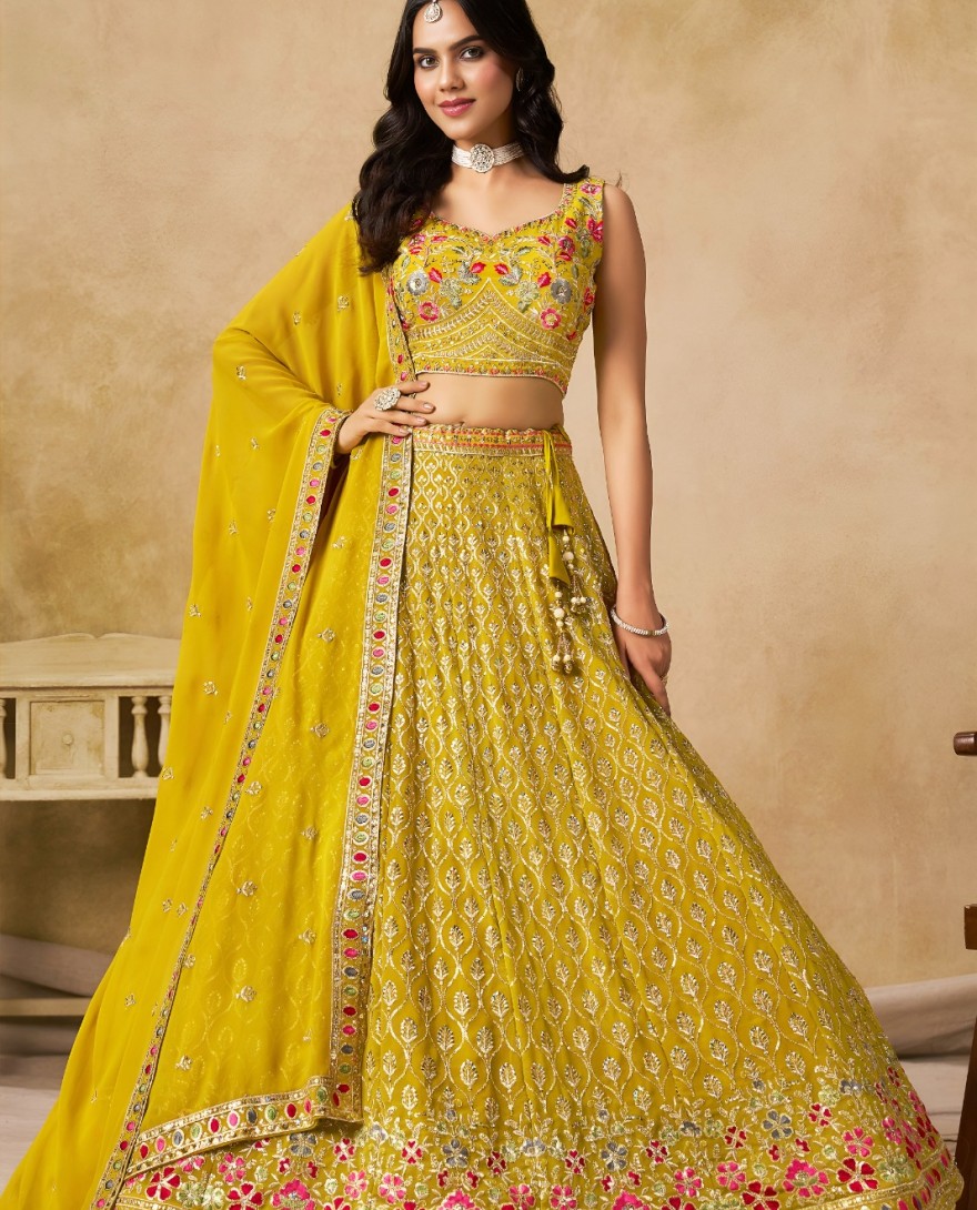 YELLOW - Yellow Georgette Lehenga Choli