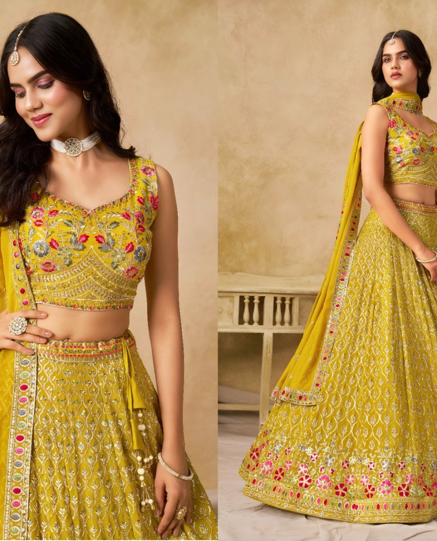 YELLOW - Yellow Georgette Lehenga Choli