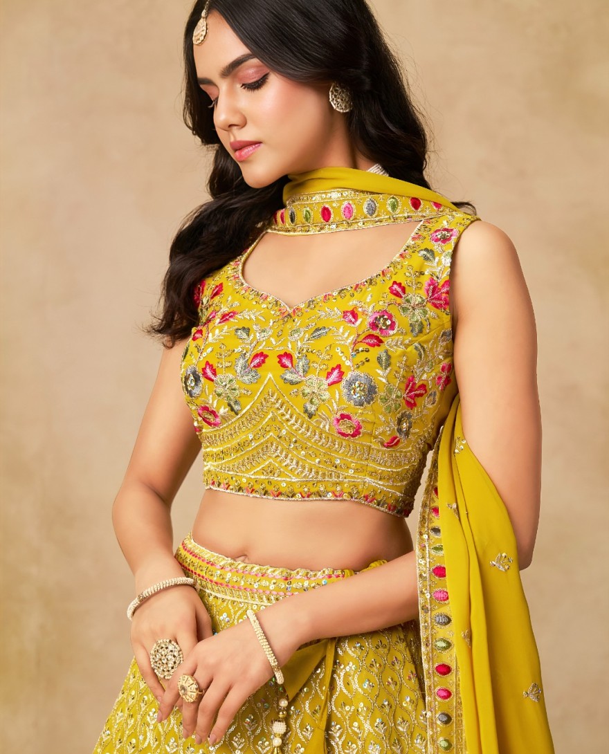 YELLOW - Yellow Georgette Lehenga Choli