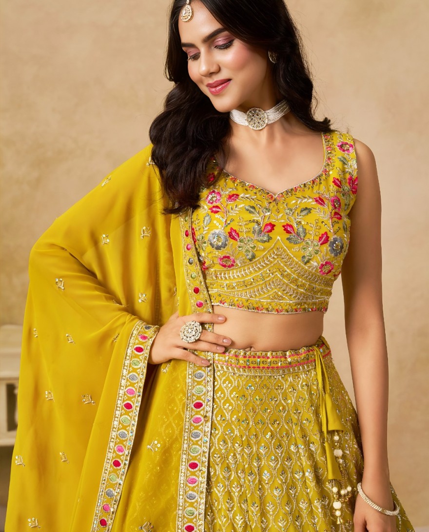 YELLOW - Yellow Georgette Lehenga Choli