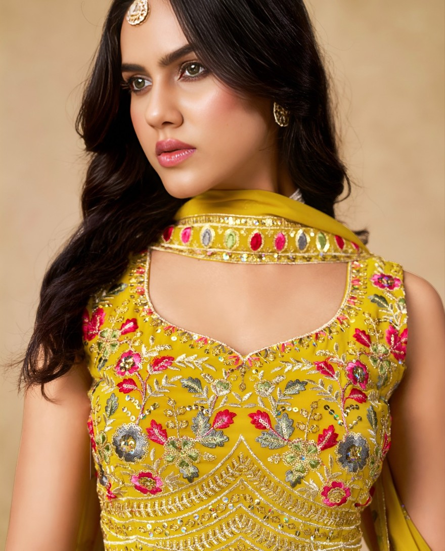 YELLOW - Yellow Georgette Lehenga Choli