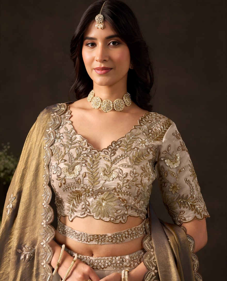 BEIGE - Antique Beige Fancy Fabric Sequin Embroidered Lehenga Choli
