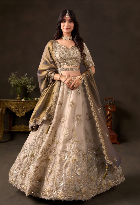 Antique Beige Fancy Fabric Sequin Embroidered Lehenga Choli