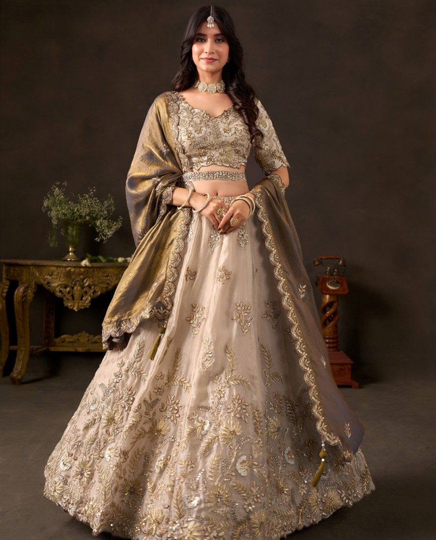 BEIGE - Antique Beige Fancy Fabric Sequin Embroidered Lehenga Choli