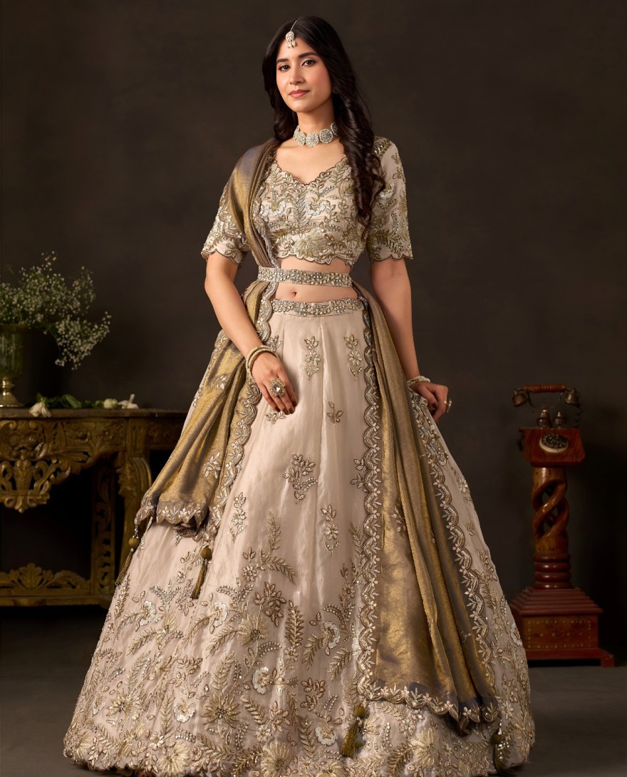 BEIGE - Antique Beige Fancy Fabric Sequin Embroidered Lehenga Choli