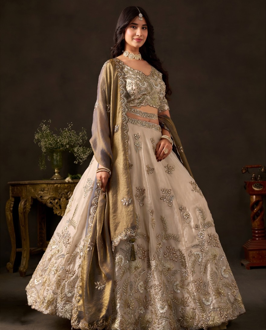 BEIGE - Antique Beige Fancy Fabric Sequin Embroidered Lehenga Choli