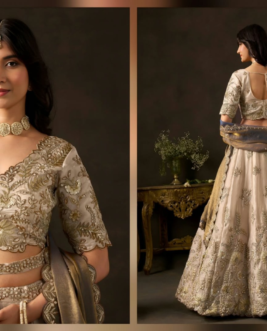 BEIGE - Antique Beige Fancy Fabric Sequin Embroidered Lehenga Choli