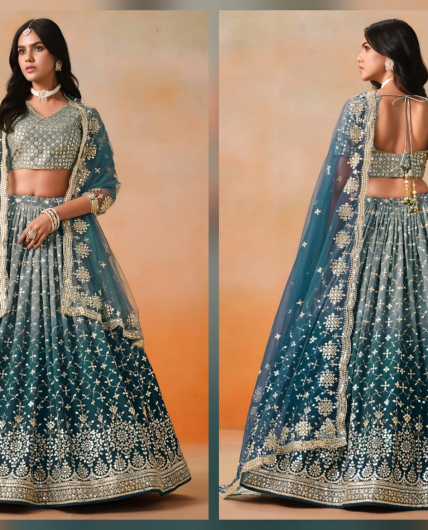 BLUE - Dove Blue Sequins Zari Embroidered Work Georgette Lehenga