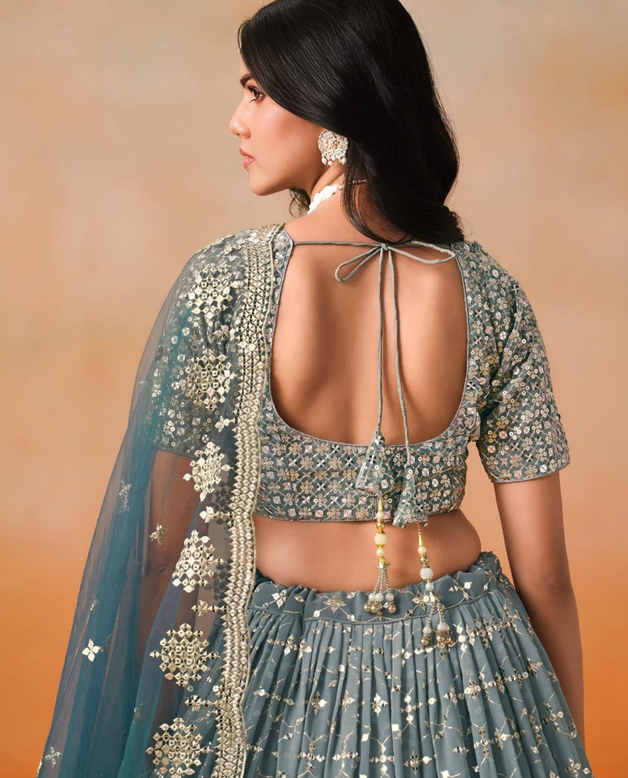 BLUE - Dove Blue Sequins Zari Embroidered Work Georgette Lehenga
