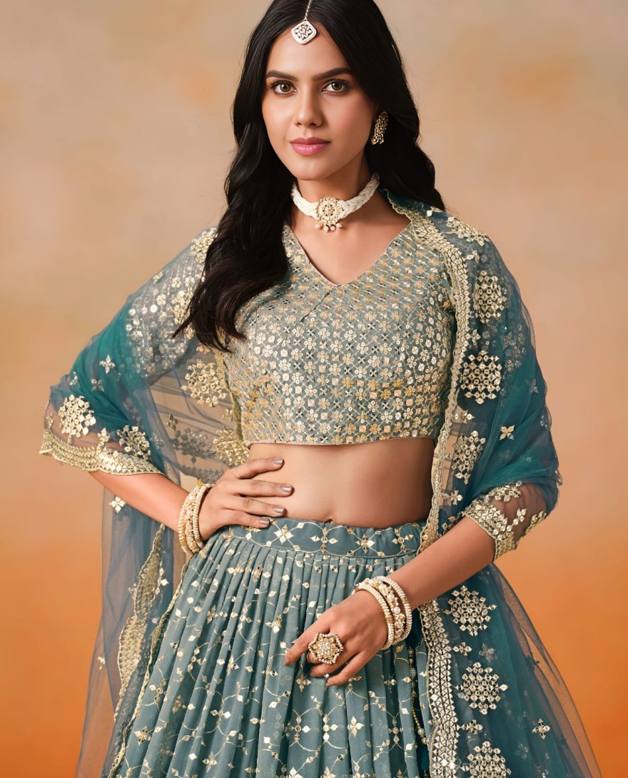 BLUE - Dove Blue Sequins Zari Embroidered Work Georgette Lehenga