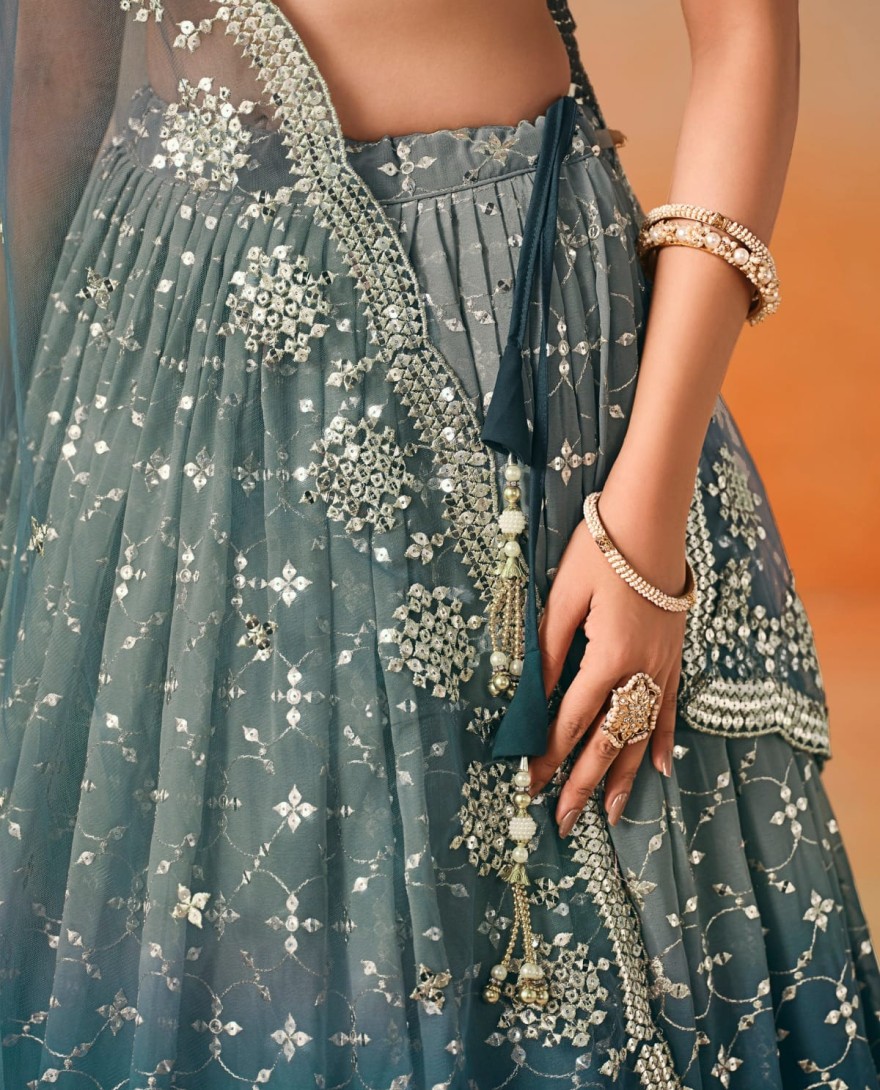 BLUE - Dove Blue Sequins Zari Embroidered Work Georgette Lehenga