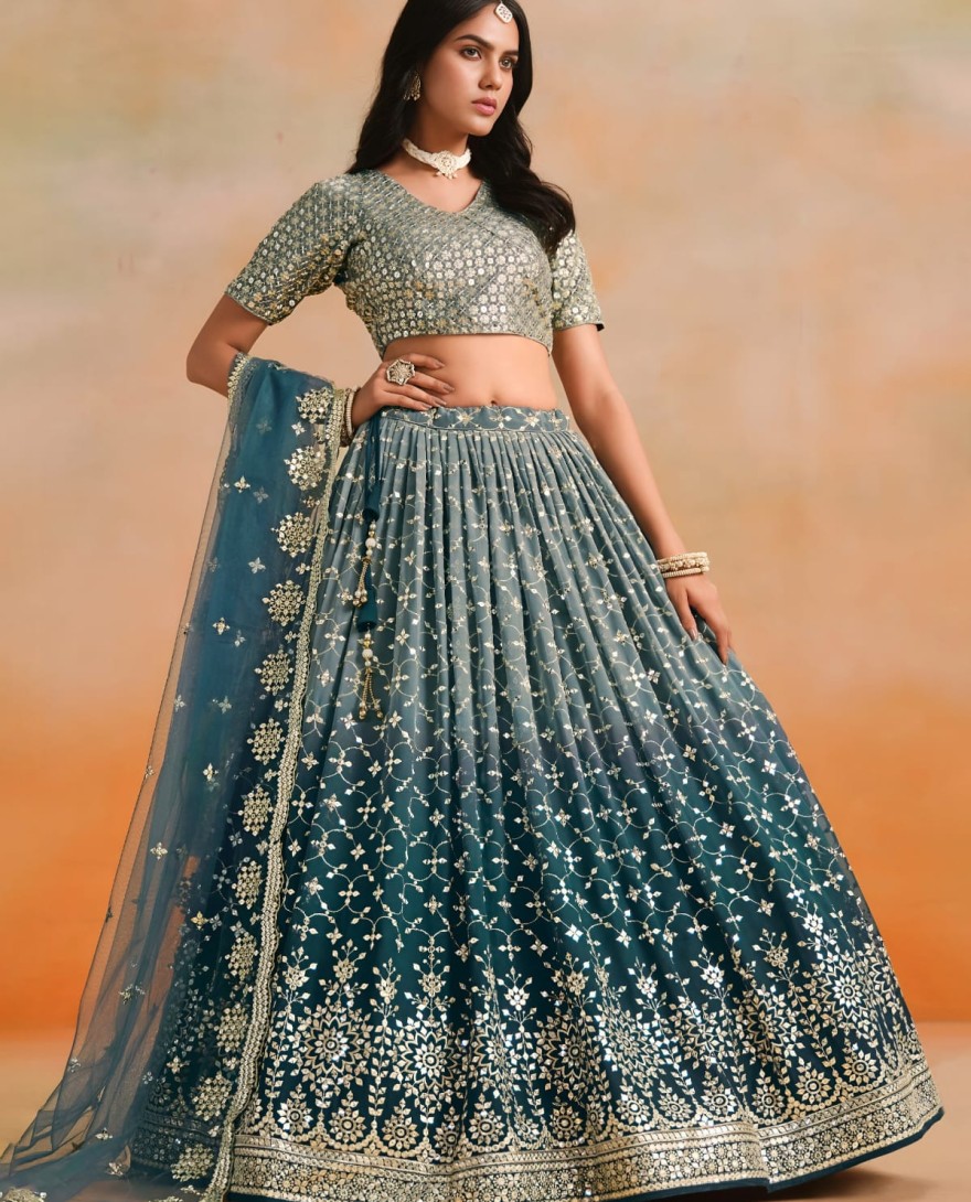 BLUE - Dove Blue Sequins Zari Embroidered Work Georgette Lehenga