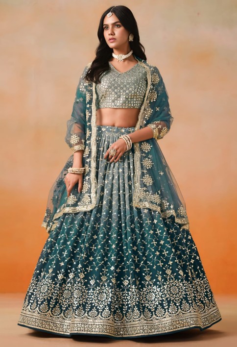 Dove Blue Sequins Zari Embroidered Work Georgette Lehenga