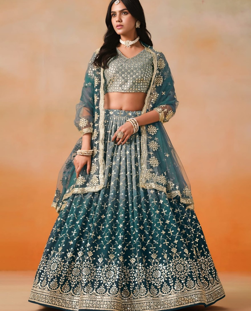 BLUE - Dove Blue Sequins Zari Embroidered Work Georgette Lehenga