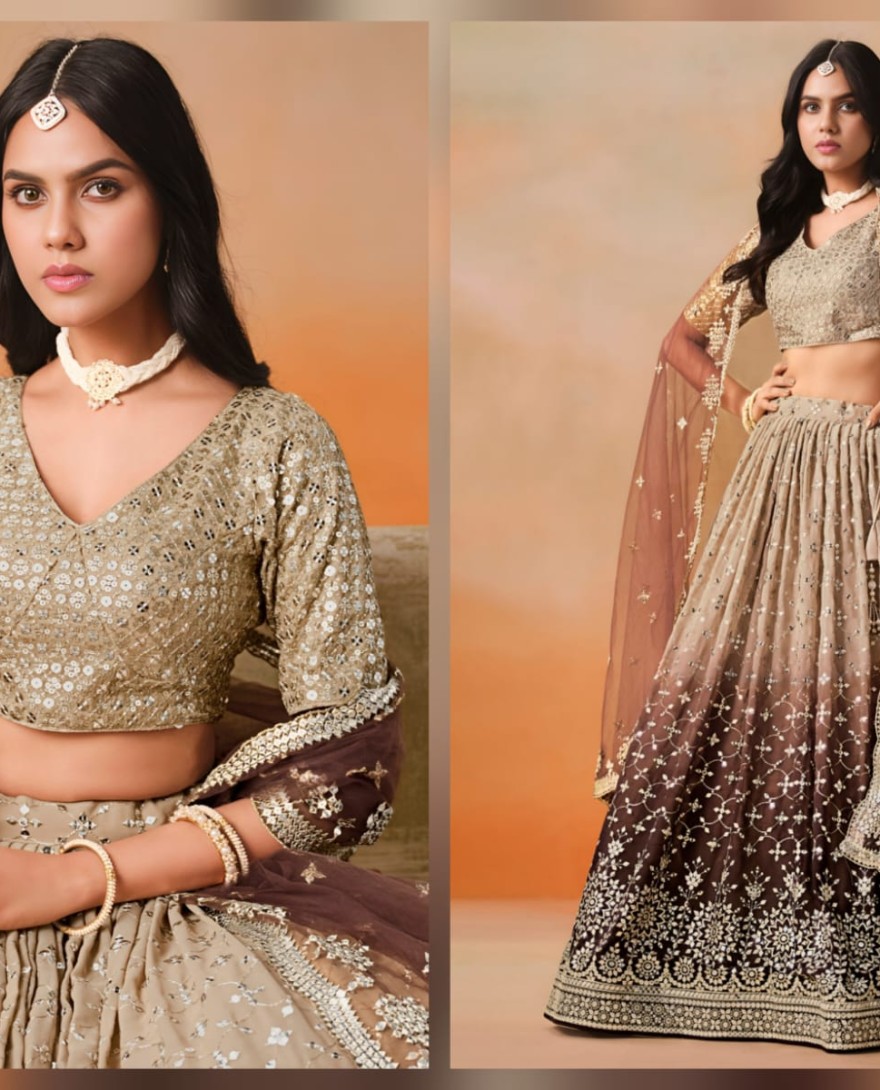 BROWN - Brown Sequins Zari Embroidered Work Georgette Lehenga