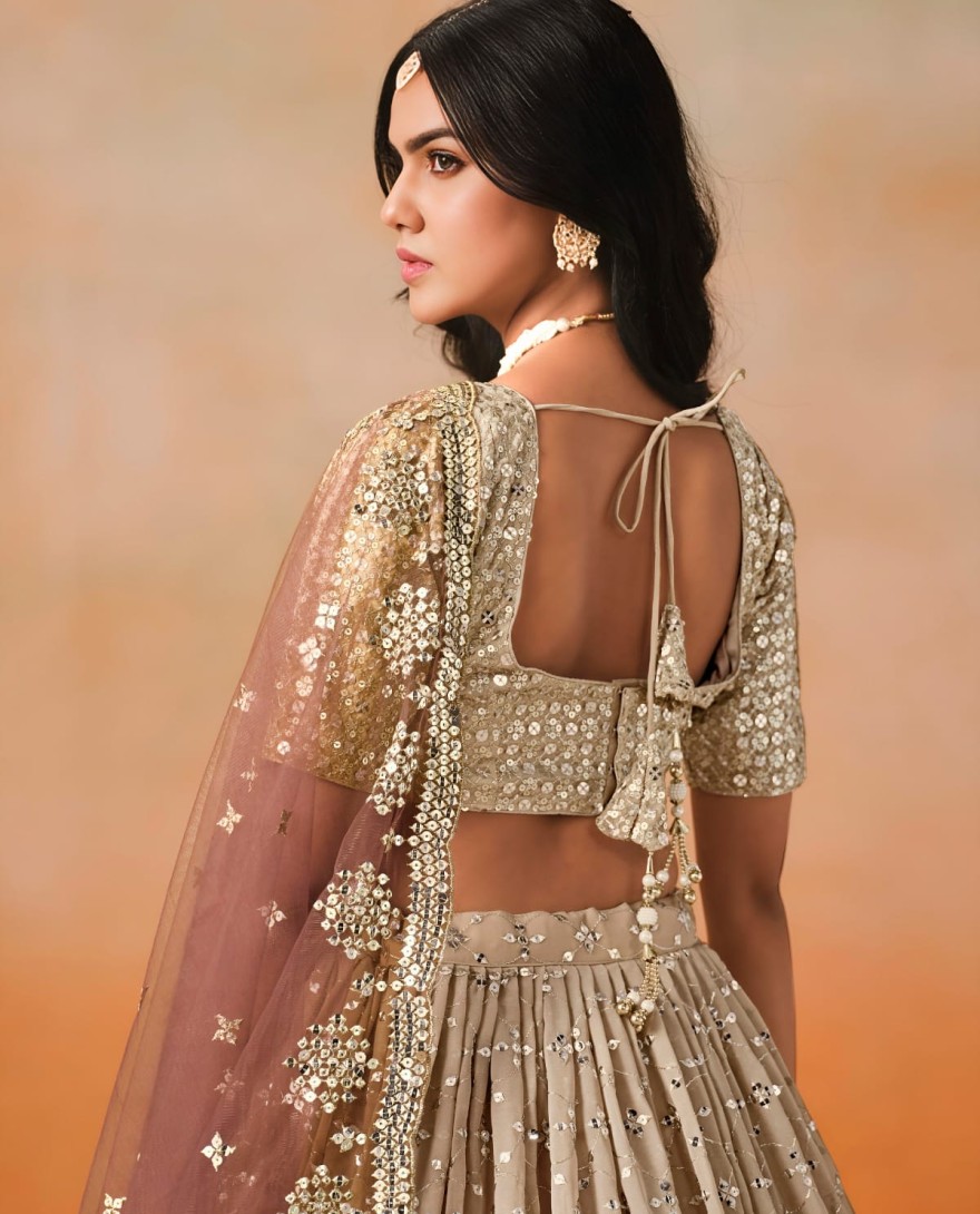BROWN - Brown Sequins Zari Embroidered Work Georgette Lehenga