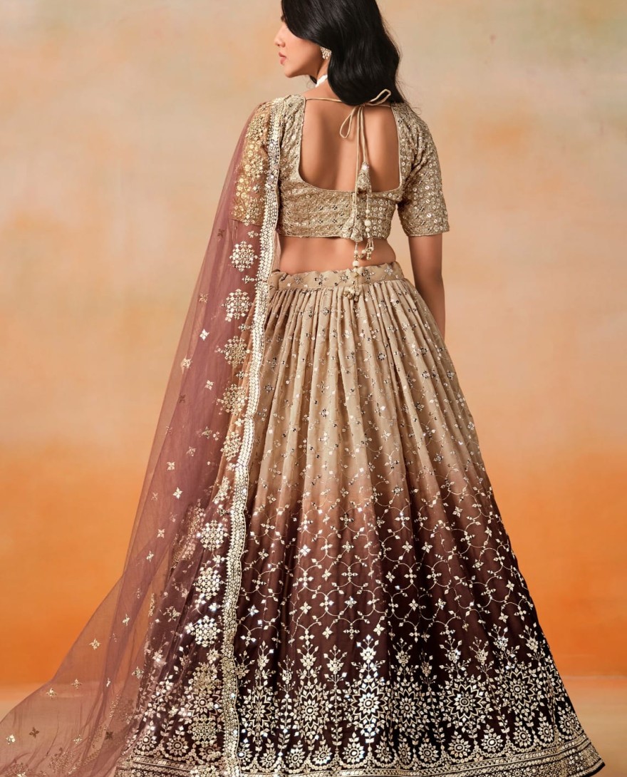 BROWN - Brown Sequins Zari Embroidered Work Georgette Lehenga