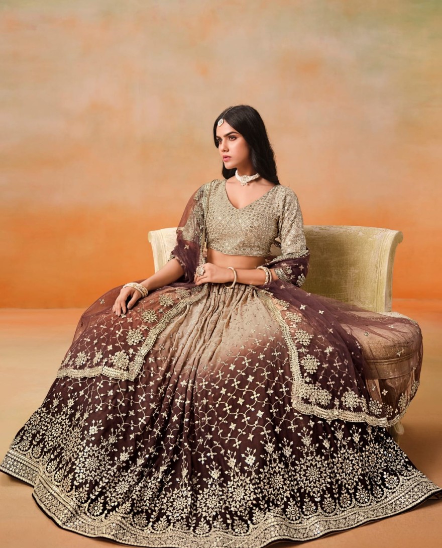 BROWN - Brown Sequins Zari Embroidered Work Georgette Lehenga