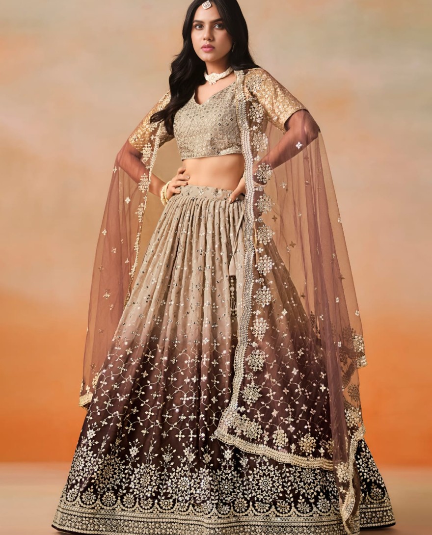 BROWN - Brown Sequins Zari Embroidered Work Georgette Lehenga