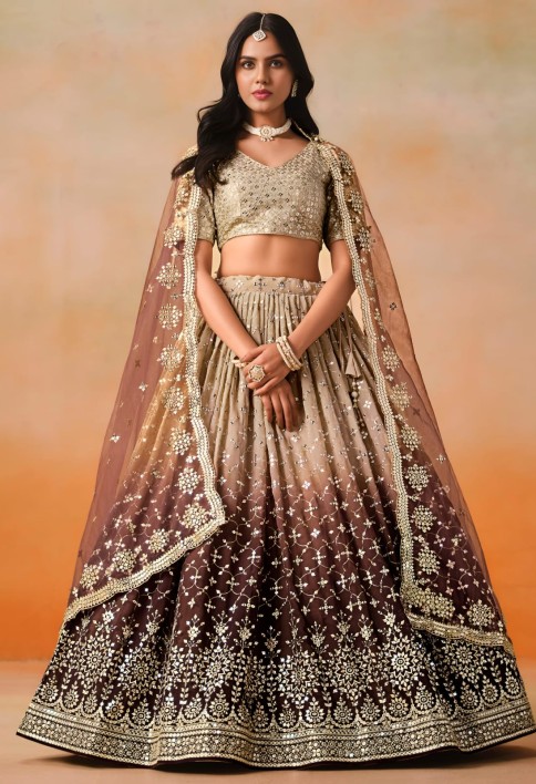 Brown Sequins Zari Embroidered Work Georgette Lehenga