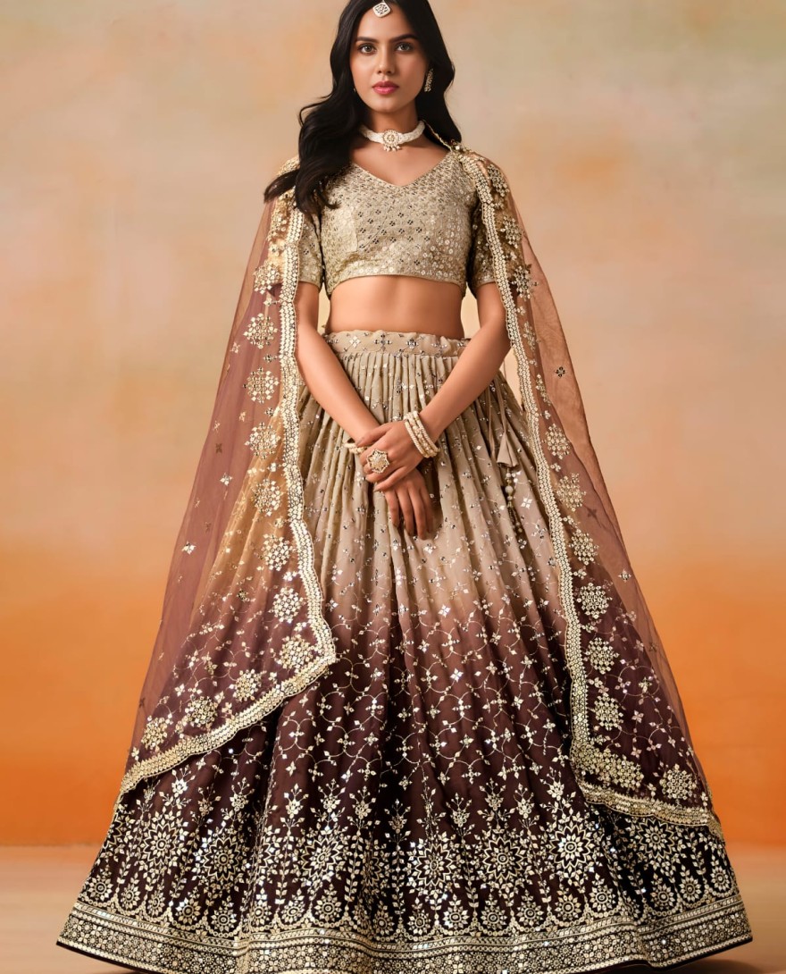 BROWN - Brown Sequins Zari Embroidered Work Georgette Lehenga