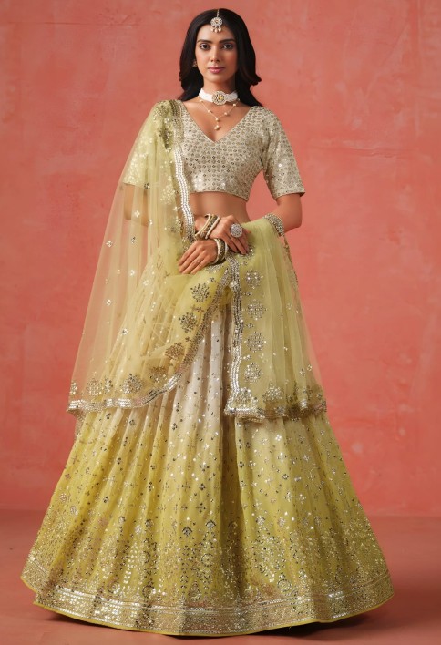Beautiful Gradient From Soft Yellow To Beige Zari Sequins Embroidered Indian Wedding Lehenga